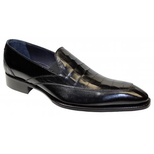 Duca Di Matiste "Trento" Black Genuine Italian Calf Leather Crocodile Print Slip On Dress Shoes.